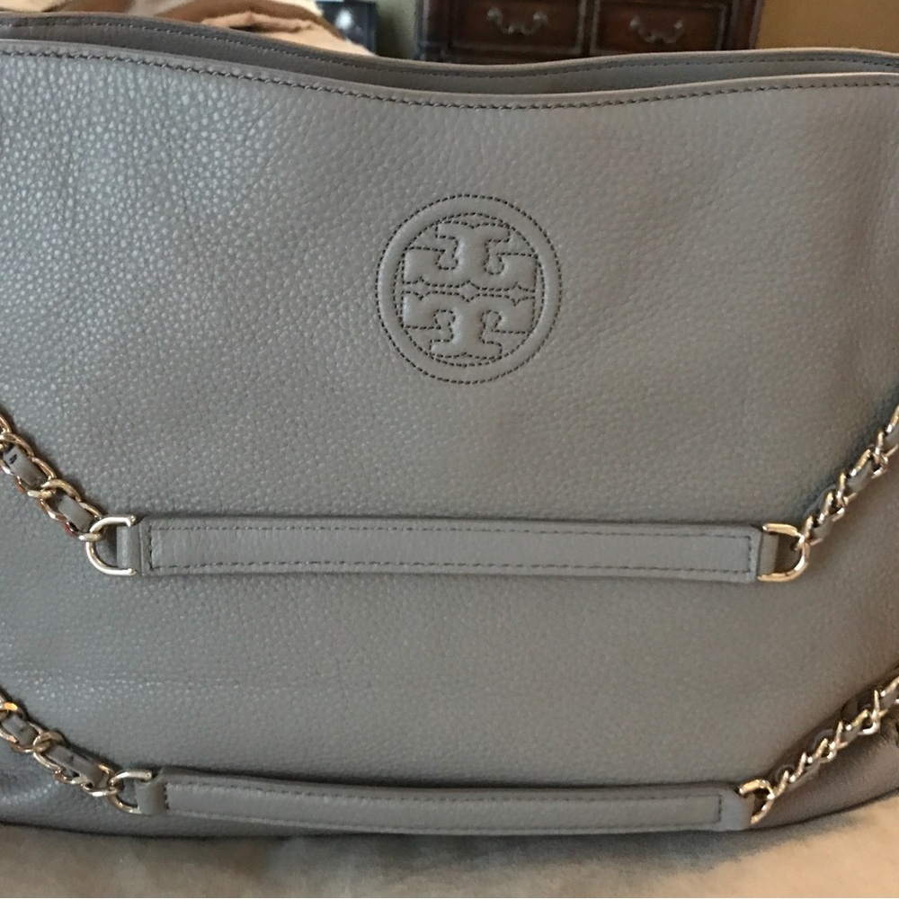 Tory Burch Gray Leather Tote with Chain Detail